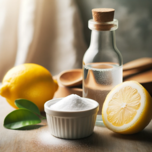 an image of natural cleaning solutions with vinegar banking soda and lemon